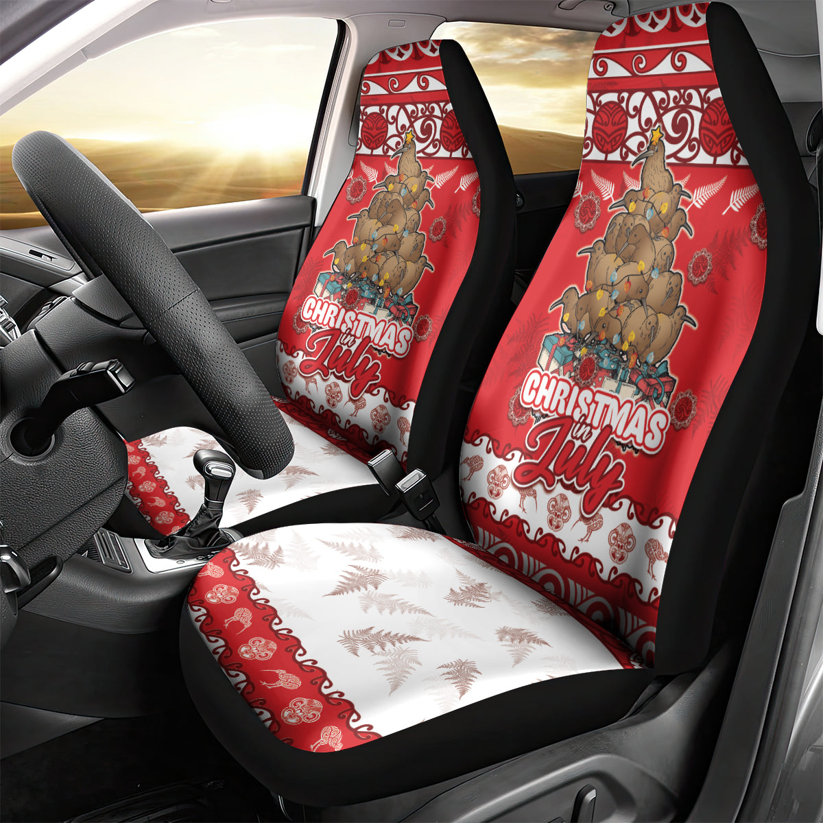 New Zealand Christmas In July Car Seat Cover Maori Kiwi Xmas Tree - Red LT05 - Polynesian Pride