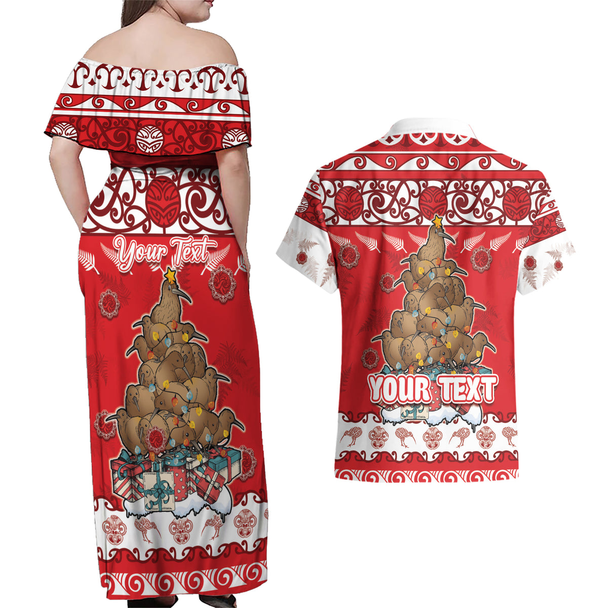 Personalised New Zealand Christmas In July Couples Matching Off Shoulder Maxi Dress and Hawaiian Shirt Maori Kiwi Xmas Tree - Red LT05 - Polynesian Pride