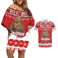 Personalised New Zealand Christmas In July Couples Matching Off Shoulder Short Dress and Hawaiian Shirt Maori Kiwi Xmas Tree - Red LT05 Red - Polynesian Pride