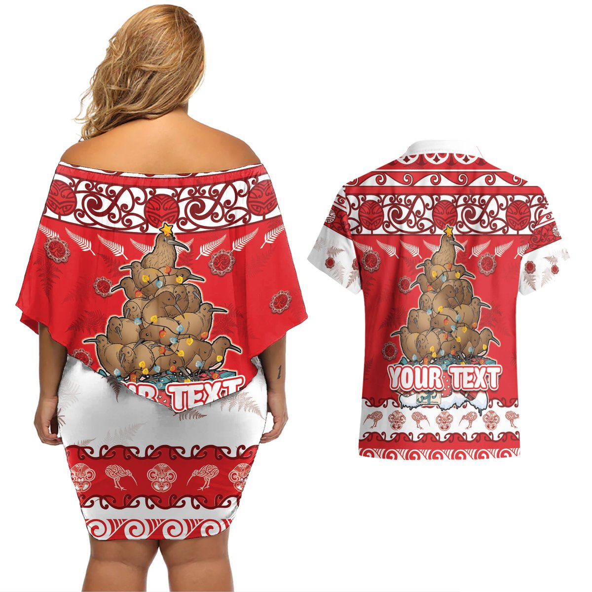 Personalised New Zealand Christmas In July Couples Matching Off Shoulder Short Dress and Hawaiian Shirt Maori Kiwi Xmas Tree - Red LT05 - Polynesian Pride