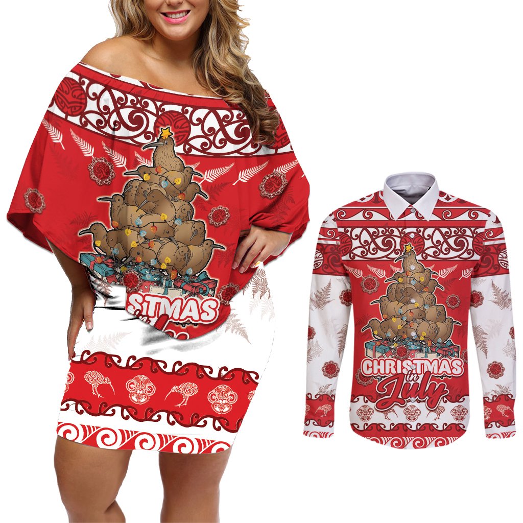 Personalised New Zealand Christmas In July Couples Matching Off Shoulder Short Dress and Long Sleeve Button Shirt Maori Kiwi Xmas Tree - Red LT05 Red - Polynesian Pride