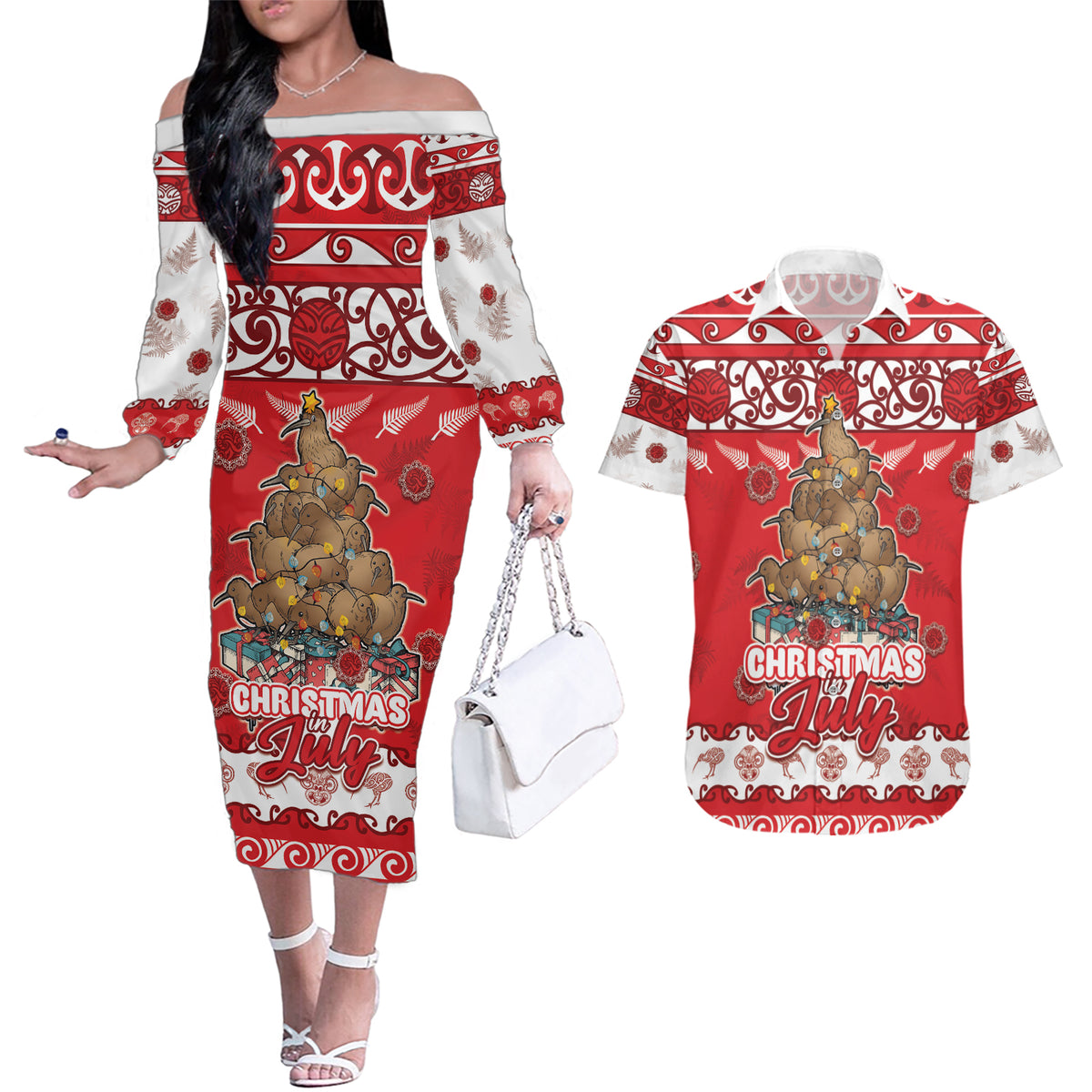Personalised New Zealand Christmas In July Couples Matching Off The Shoulder Long Sleeve Dress and Hawaiian Shirt Maori Kiwi Xmas Tree - Red LT05 Red - Polynesian Pride