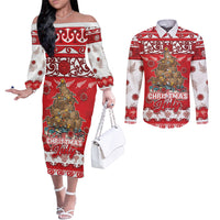 Personalised New Zealand Christmas In July Couples Matching Off The Shoulder Long Sleeve Dress and Long Sleeve Button Shirt Maori Kiwi Xmas Tree - Red LT05 Red - Polynesian Pride