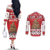 Personalised New Zealand Christmas In July Couples Matching Off The Shoulder Long Sleeve Dress and Long Sleeve Button Shirt Maori Kiwi Xmas Tree - Red LT05 - Polynesian Pride