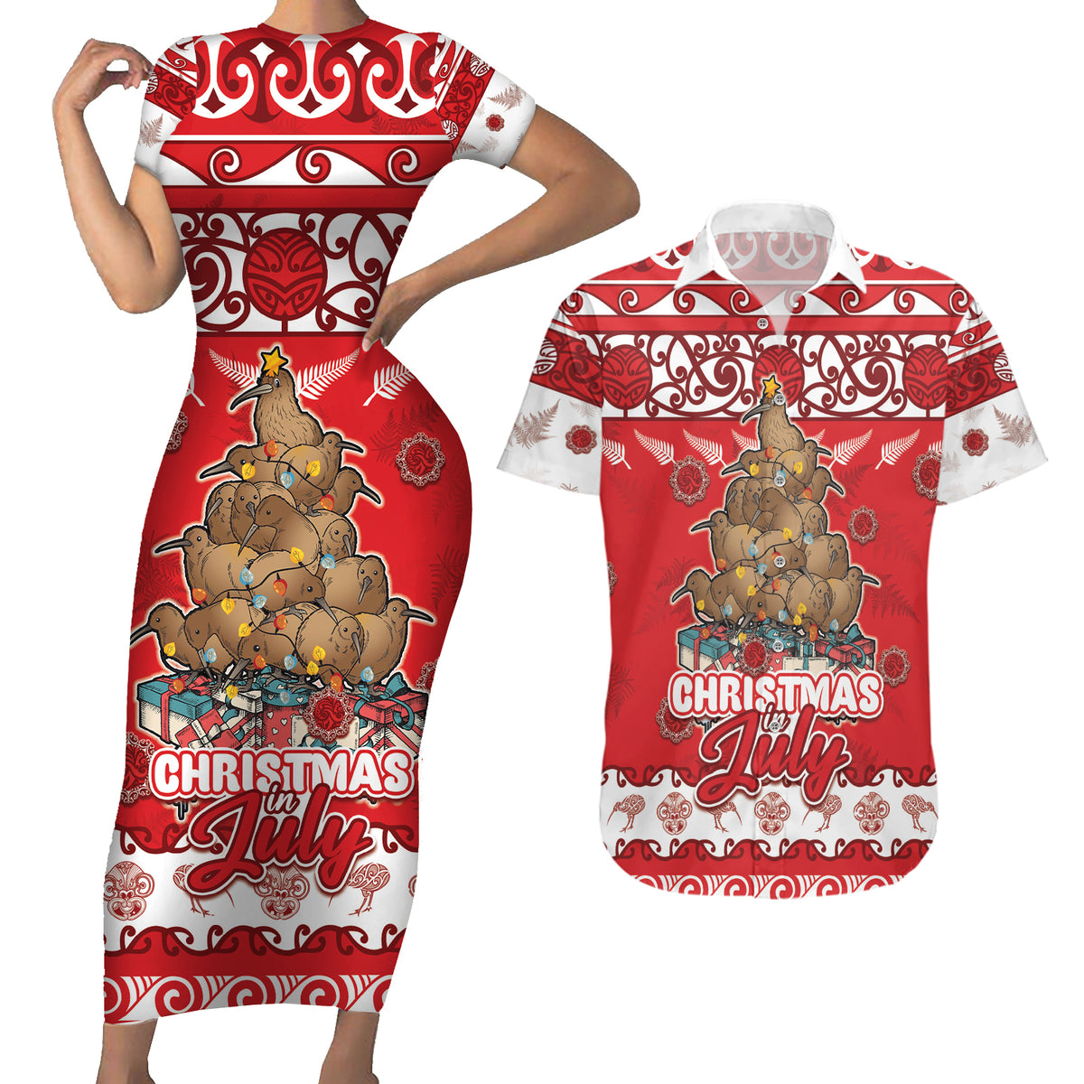 Personalised New Zealand Christmas In July Couples Matching Short Sleeve Bodycon Dress and Hawaiian Shirt Maori Kiwi Xmas Tree - Red LT05 Red - Polynesian Pride
