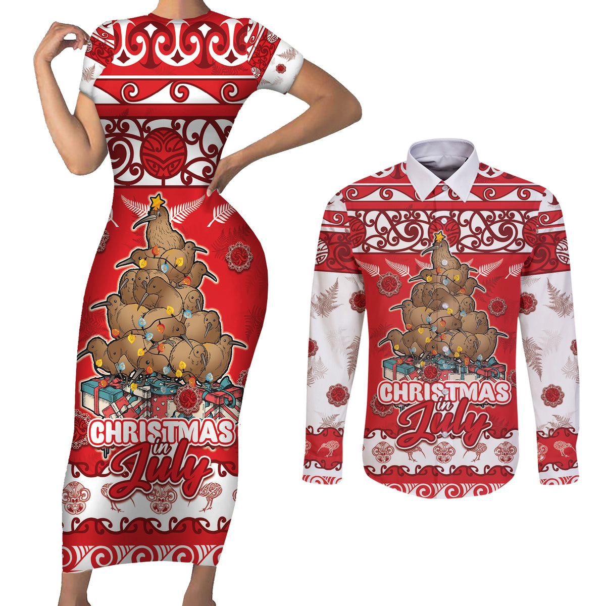 Personalised New Zealand Christmas In July Couples Matching Short Sleeve Bodycon Dress and Long Sleeve Button Shirt Maori Kiwi Xmas Tree - Red LT05 Red - Polynesian Pride