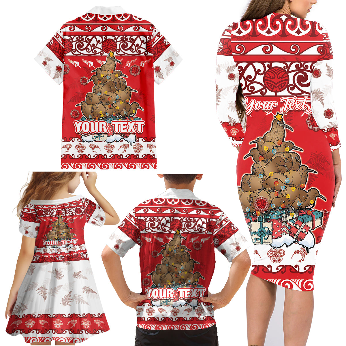 Personalised New Zealand Christmas In July Family Matching Long Sleeve Bodycon Dress and Hawaiian Shirt Maori Kiwi Xmas Tree - Red LT05 - Polynesian Pride