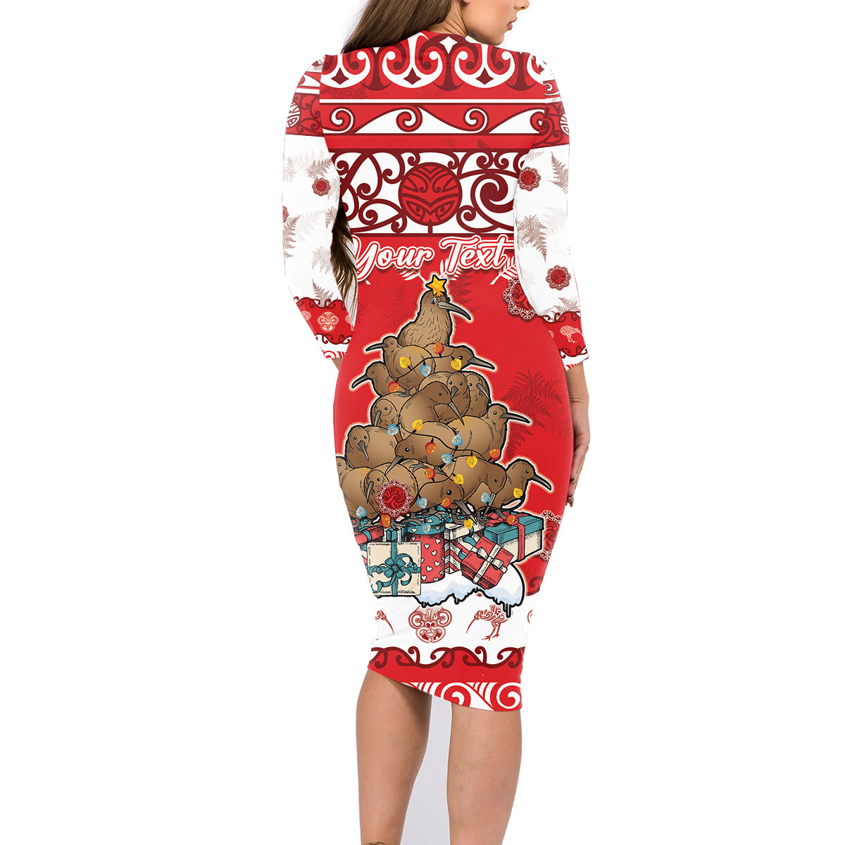 Personalised New Zealand Christmas In July Family Matching Long Sleeve Bodycon Dress and Hawaiian Shirt Maori Kiwi Xmas Tree - Red LT05 - Polynesian Pride