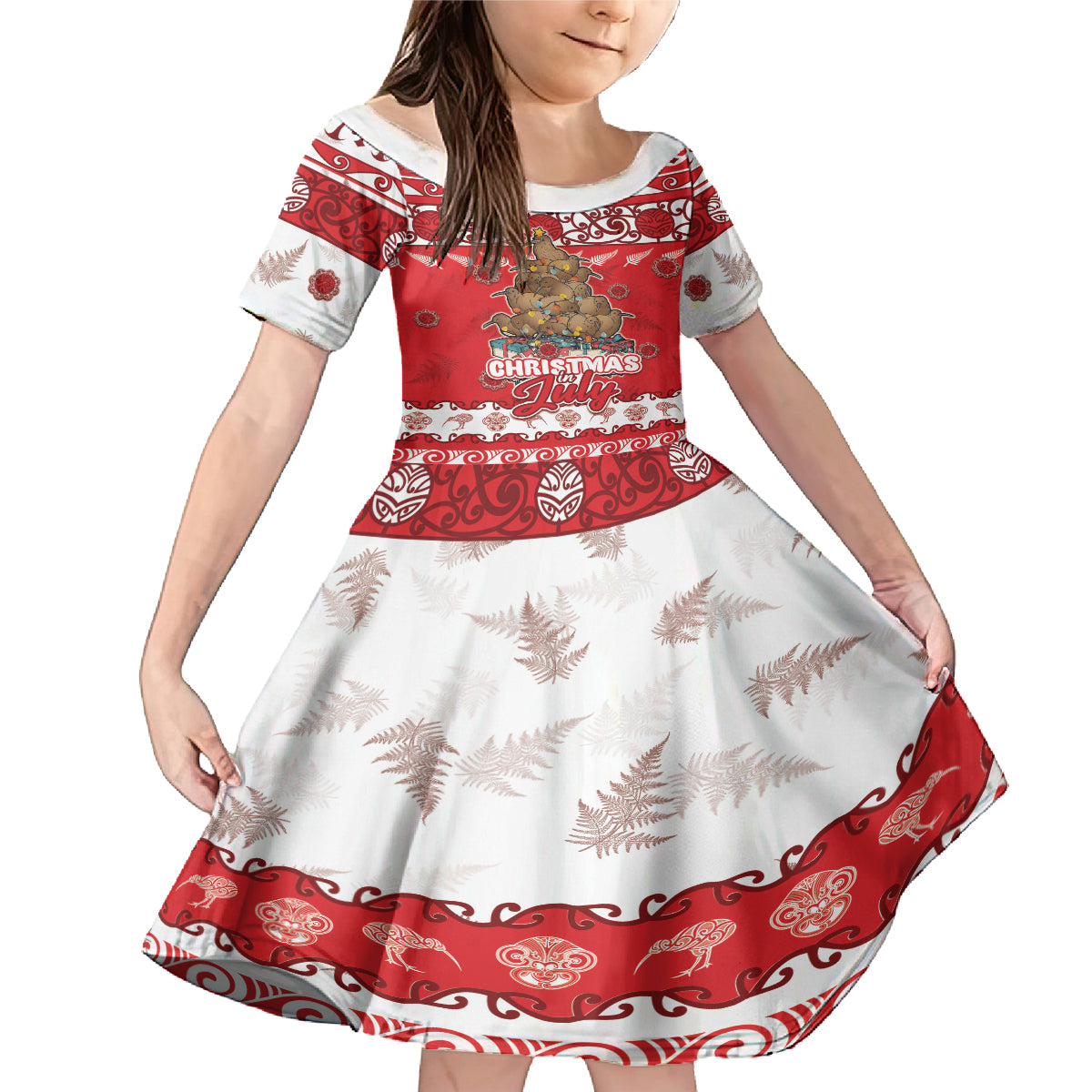 Personalised New Zealand Christmas In July Family Matching Mermaid Dress and Hawaiian Shirt Maori Kiwi Xmas Tree - Red LT05 Daughter's Dress Red - Polynesian Pride