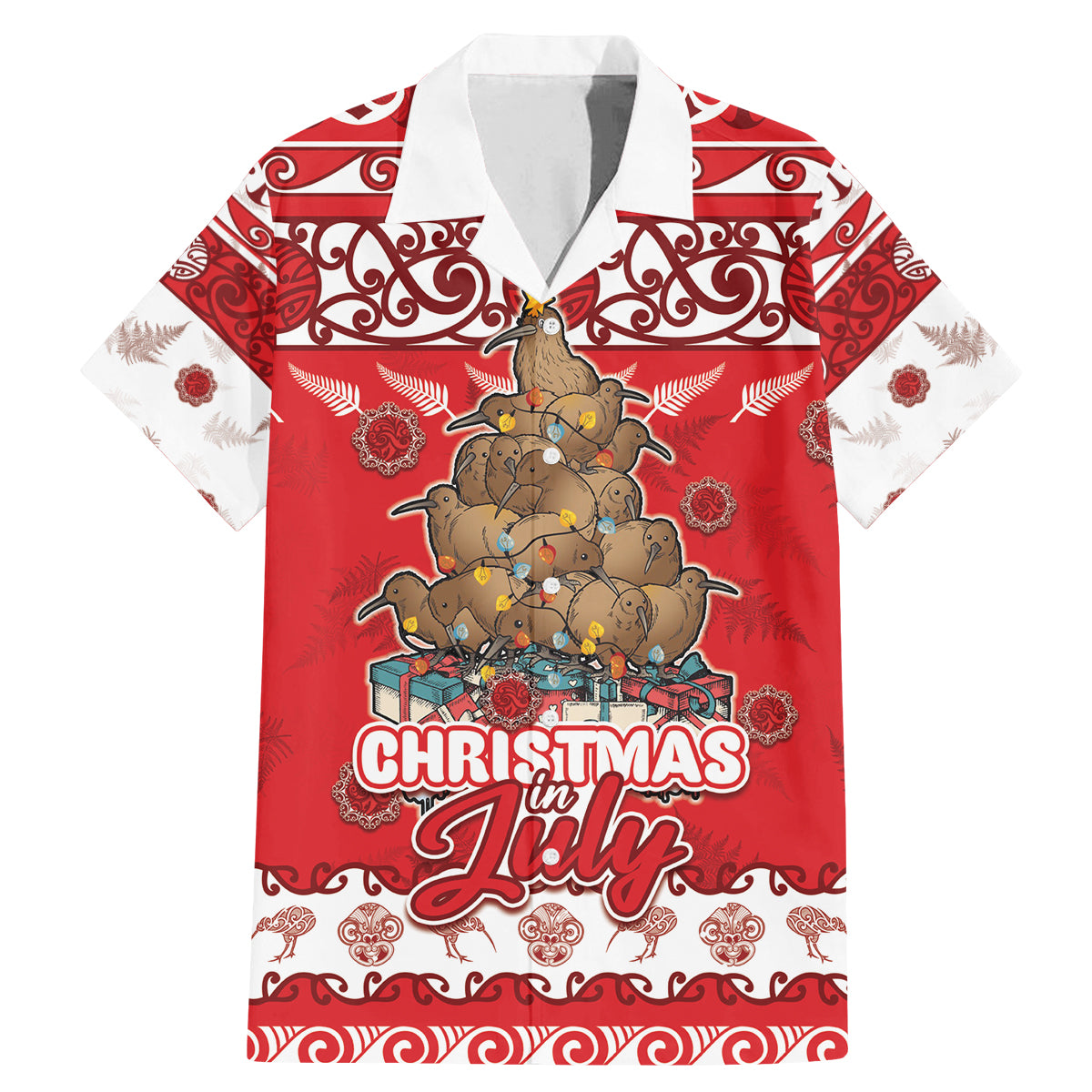 Personalised New Zealand Christmas In July Family Matching Mermaid Dress and Hawaiian Shirt Maori Kiwi Xmas Tree - Red LT05 Dad's Shirt - Short Sleeve Red - Polynesian Pride