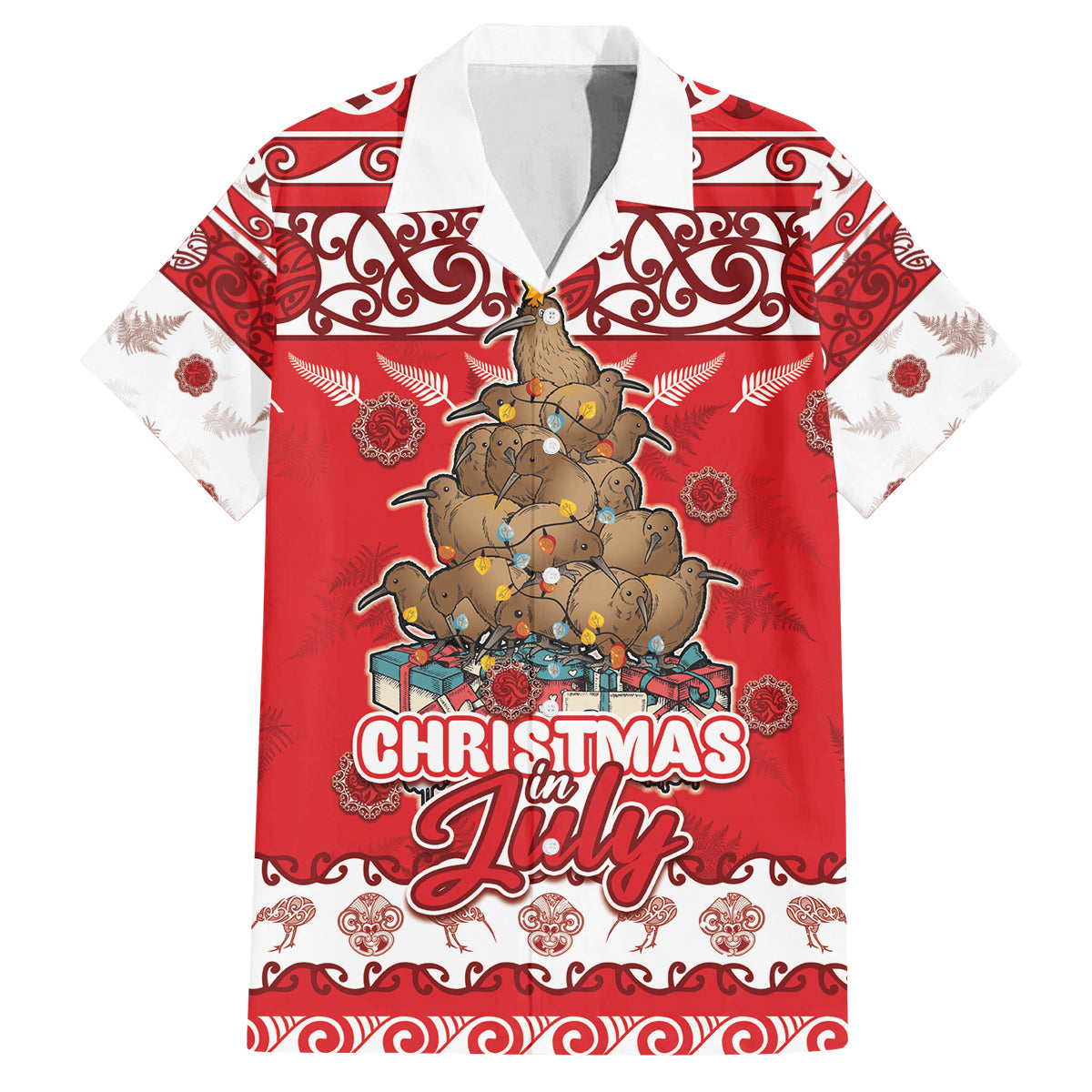 Personalised New Zealand Christmas In July Family Matching Off Shoulder Short Dress and Hawaiian Shirt Maori Kiwi Xmas Tree - Red LT05 Dad's Shirt - Short Sleeve Red - Polynesian Pride