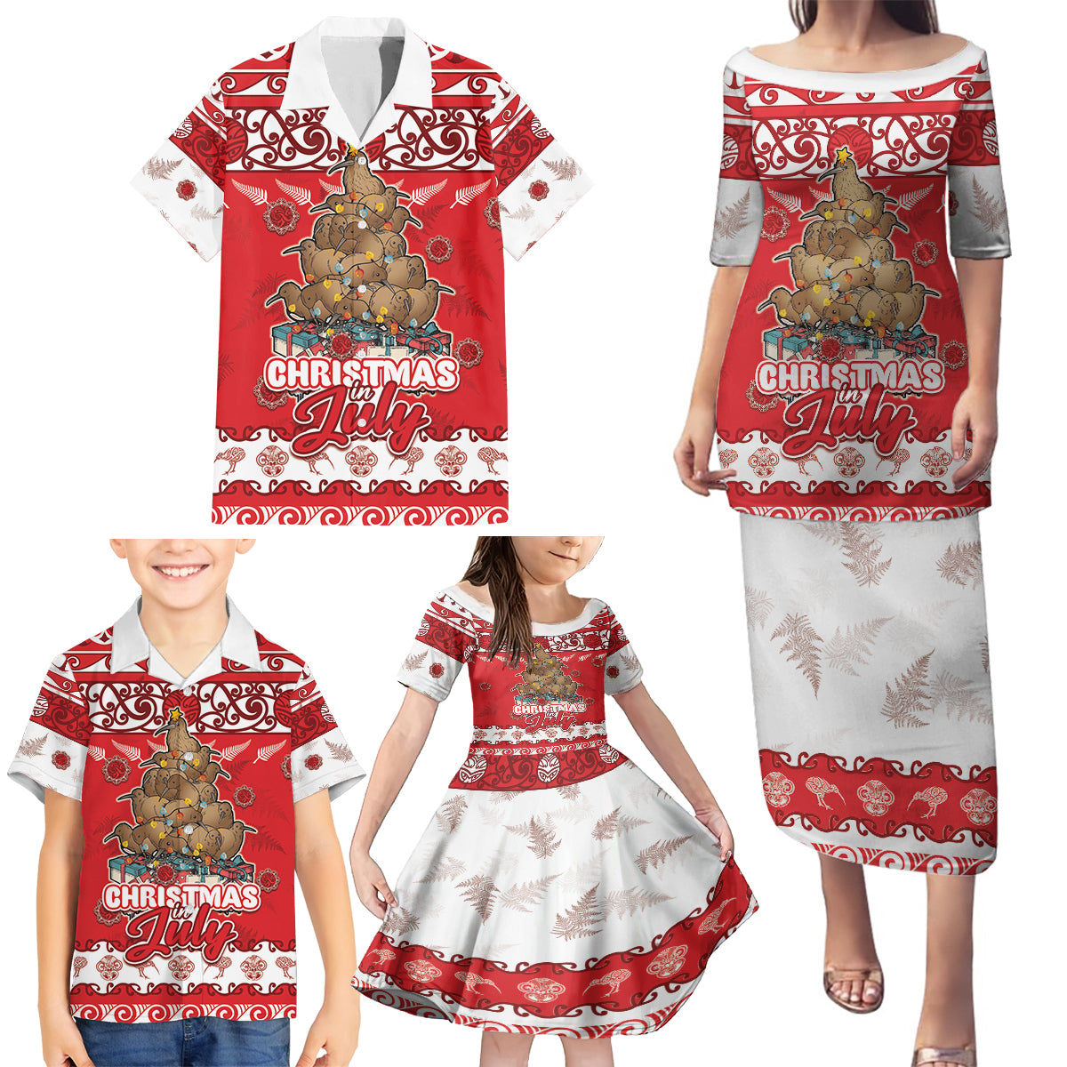 Personalised New Zealand Christmas In July Family Matching Puletasi and Hawaiian Shirt Maori Kiwi Xmas Tree - Red LT05 - Polynesian Pride