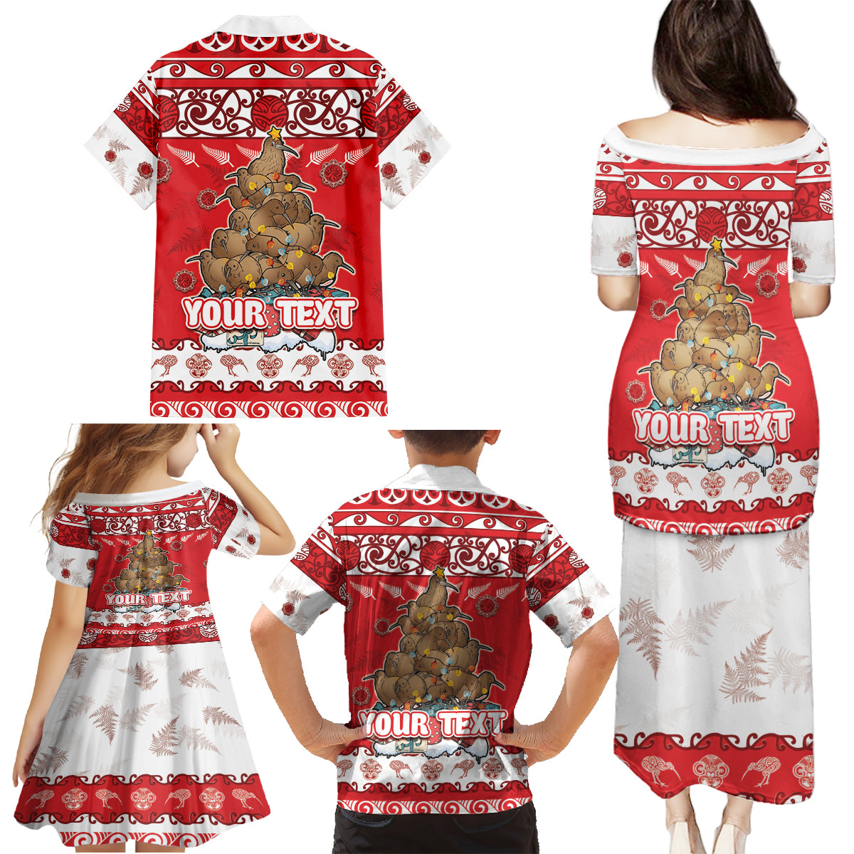 Personalised New Zealand Christmas In July Family Matching Puletasi and Hawaiian Shirt Maori Kiwi Xmas Tree - Red LT05 - Polynesian Pride
