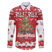 Personalised New Zealand Christmas In July Family Matching Puletasi and Hawaiian Shirt Maori Kiwi Xmas Tree - Red LT05 Dad's Shirt - Long Sleeve Red - Polynesian Pride