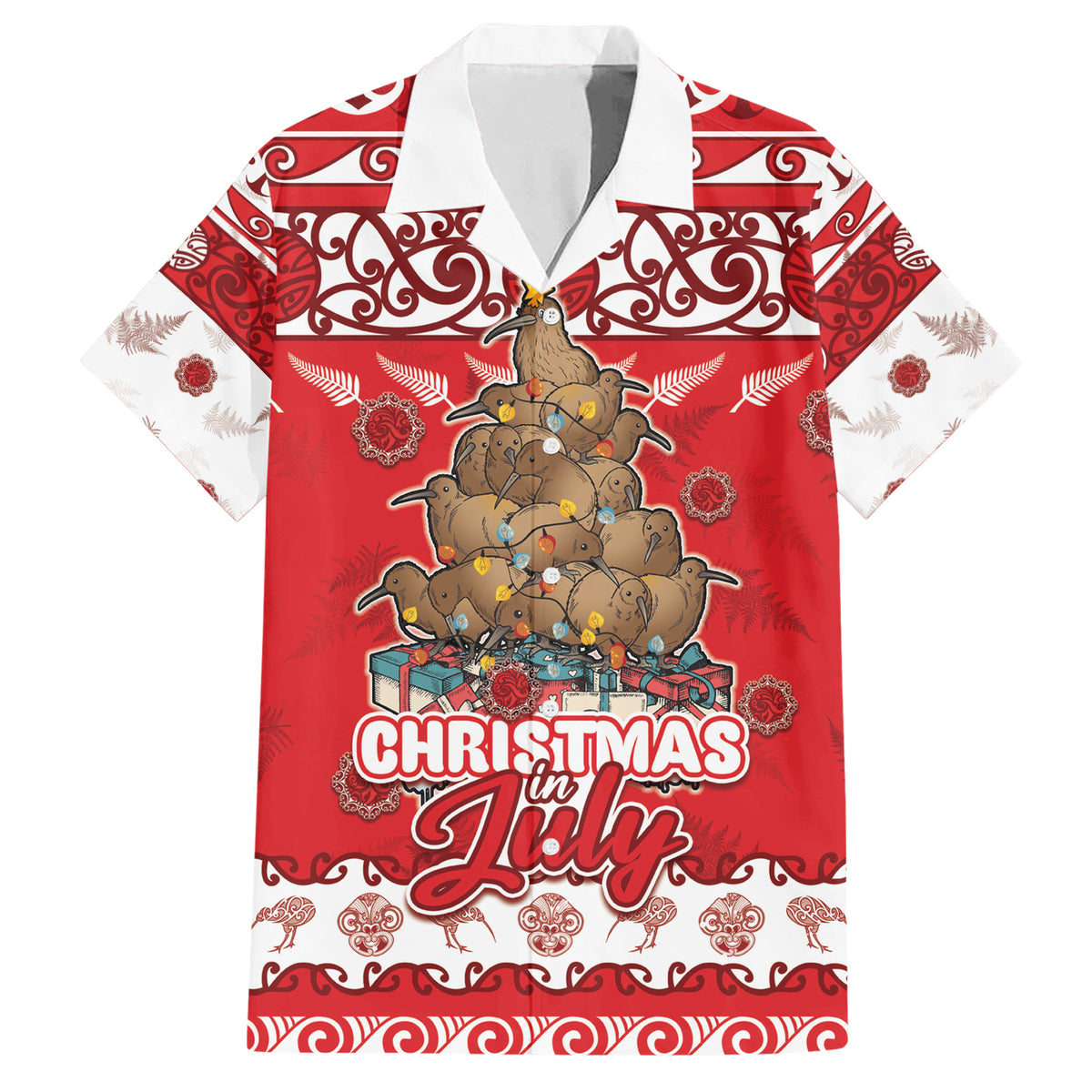Personalised New Zealand Christmas In July Family Matching Short Sleeve Bodycon Dress and Hawaiian Shirt Maori Kiwi Xmas Tree - Red LT05 Dad's Shirt - Short Sleeve Red - Polynesian Pride