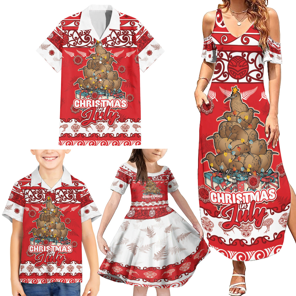 Personalised New Zealand Christmas In July Family Matching Summer Maxi Dress and Hawaiian Shirt Maori Kiwi Xmas Tree - Red LT05 - Polynesian Pride