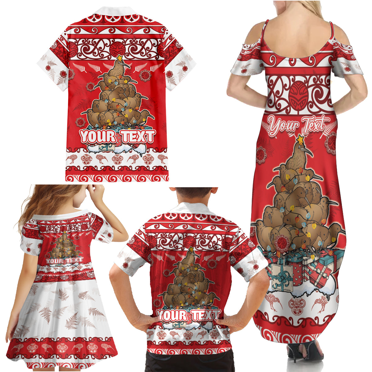 Personalised New Zealand Christmas In July Family Matching Summer Maxi Dress and Hawaiian Shirt Maori Kiwi Xmas Tree - Red LT05 - Polynesian Pride