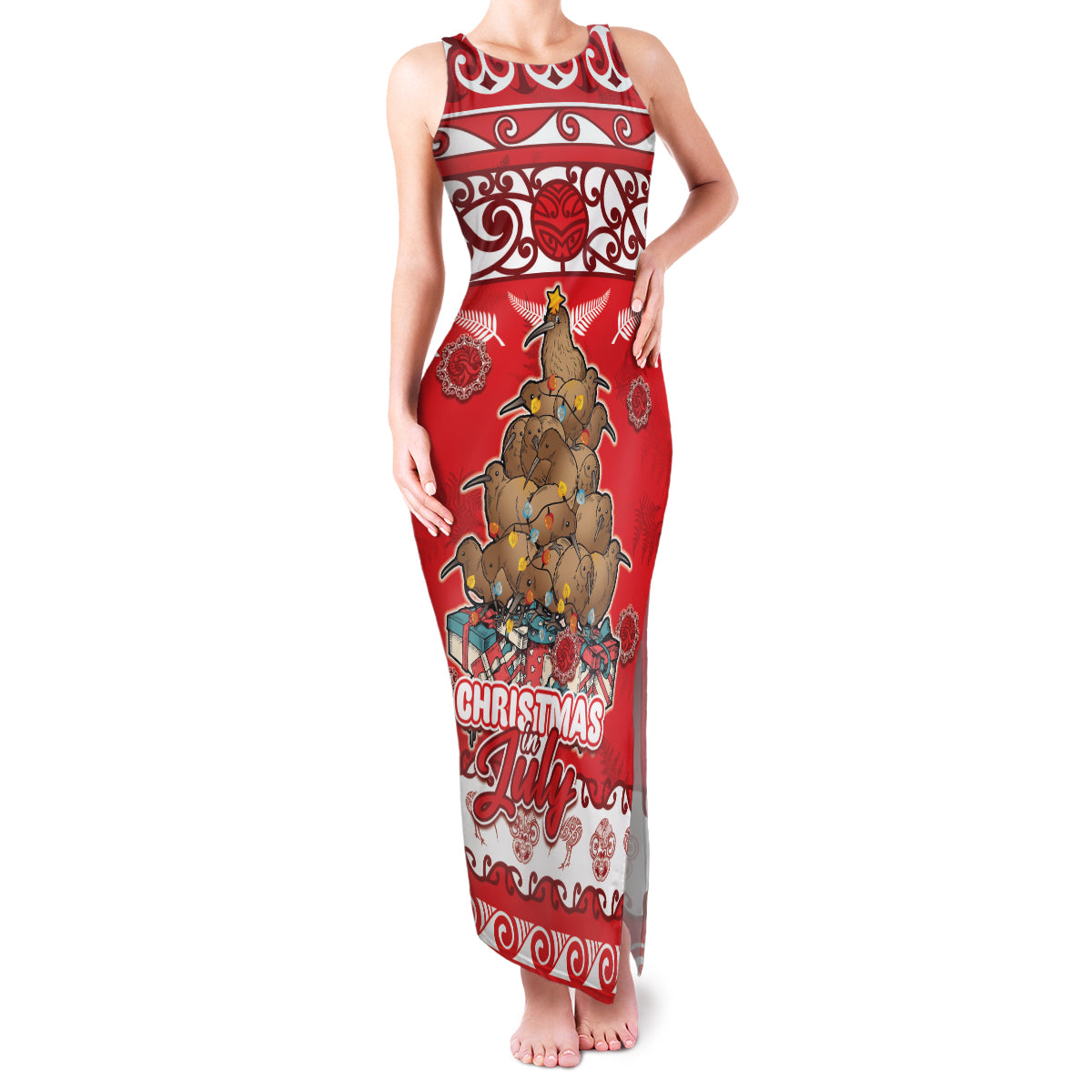Personalised New Zealand Christmas In July Family Matching Tank Maxi Dress and Hawaiian Shirt Maori Kiwi Xmas Tree - Red LT05 Mom's Dress Red - Polynesian Pride