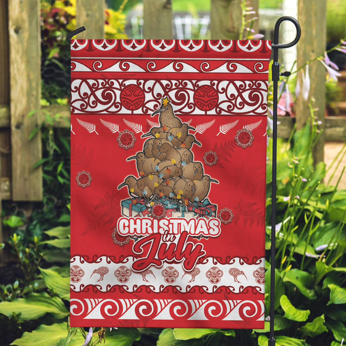 New Zealand Christmas In July Garden Flag Maori Kiwi Xmas Tree - Red LT05 Garden Flag Red - Polynesian Pride
