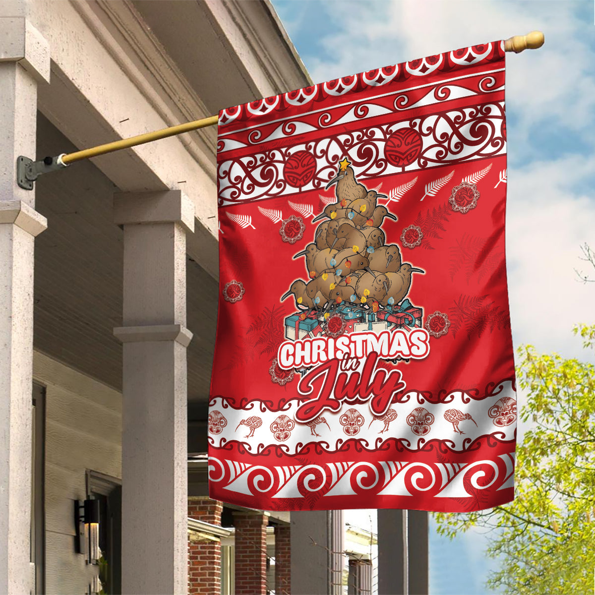 New Zealand Christmas In July Garden Flag Maori Kiwi Xmas Tree - Red LT05 House Flag Red - Polynesian Pride