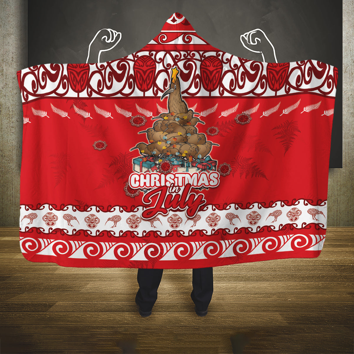 New Zealand Christmas In July Hooded Blanket Maori Kiwi Xmas Tree - Red LT05 One Size Red - Polynesian Pride