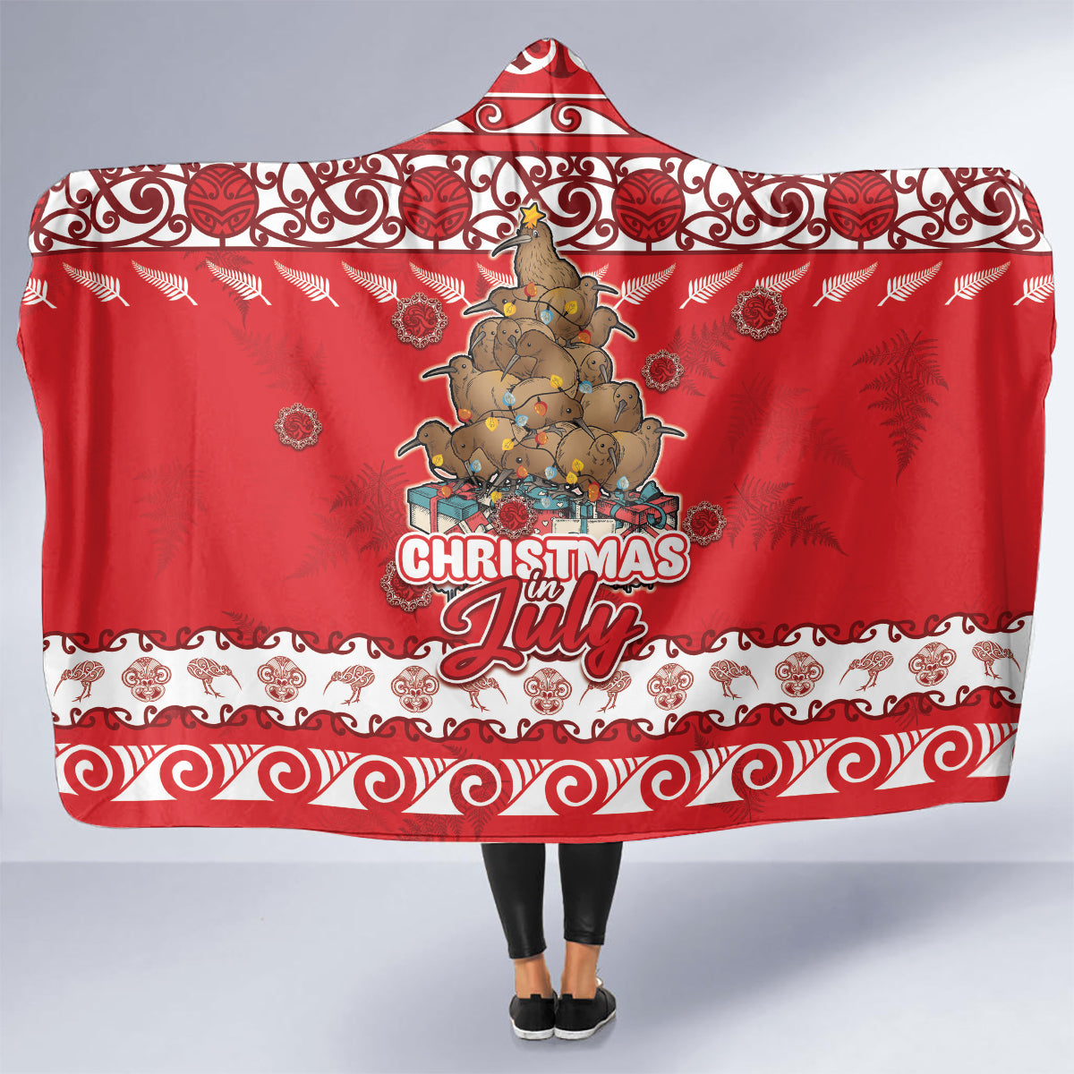 New Zealand Christmas In July Hooded Blanket Maori Kiwi Xmas Tree - Red LT05 - Polynesian Pride