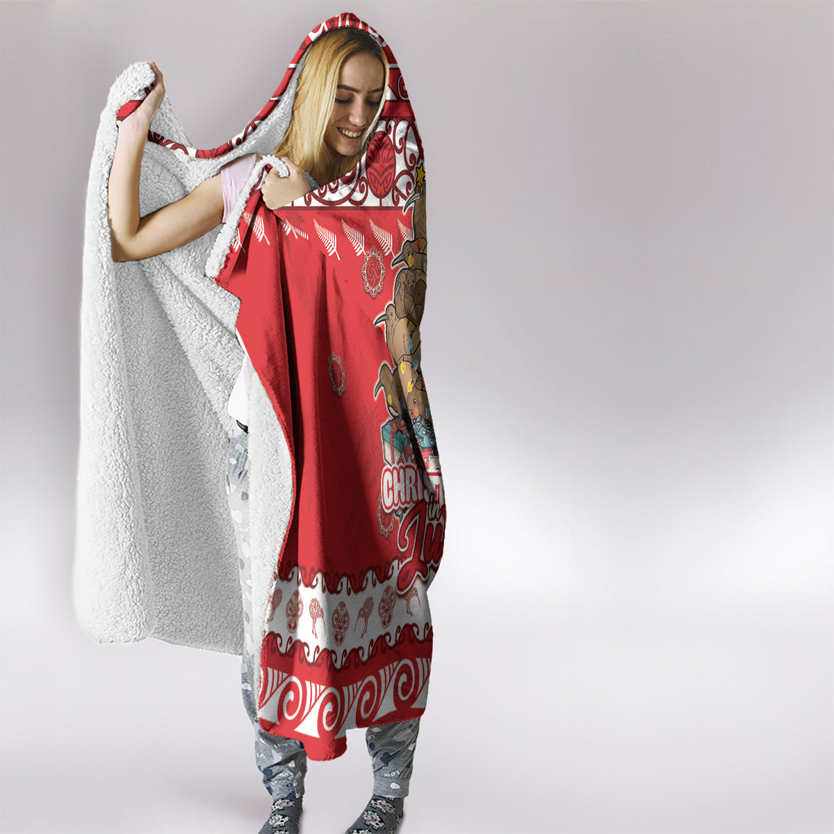 New Zealand Christmas In July Hooded Blanket Maori Kiwi Xmas Tree - Red LT05 - Polynesian Pride