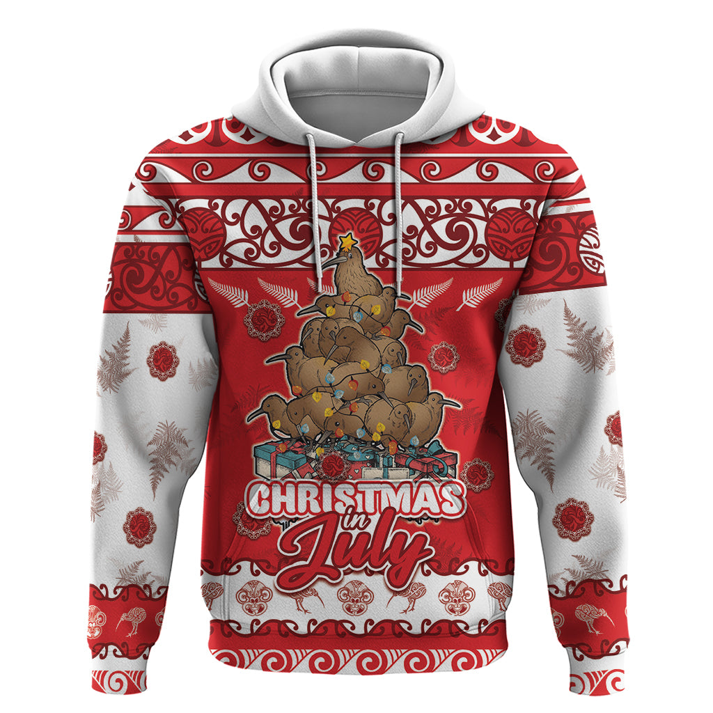Personalised New Zealand Christmas In July Hoodie Maori Kiwi Xmas Tree - Red LT05 Pullover Hoodie Red - Polynesian Pride