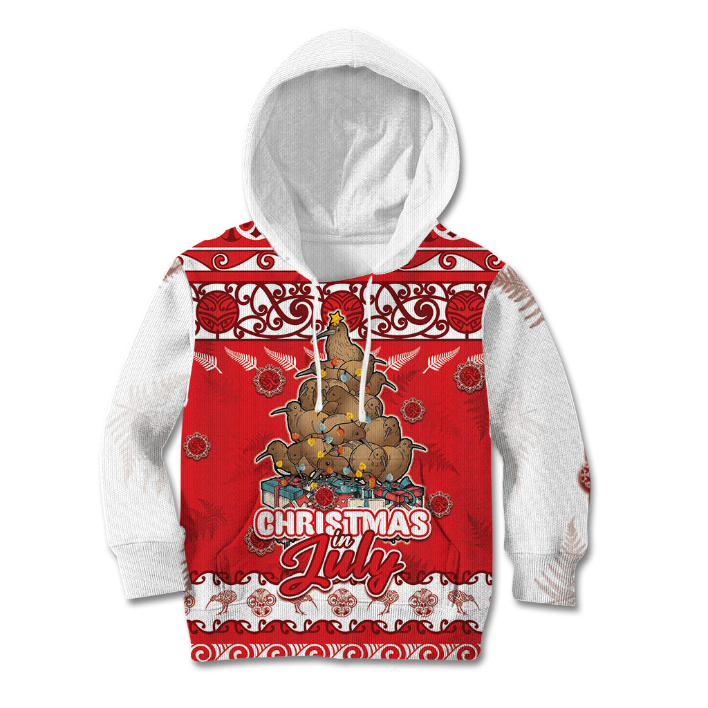 Personalised New Zealand Christmas In July Kid Hoodie Maori Kiwi Xmas Tree - Red LT05 Hoodie Red - Polynesian Pride