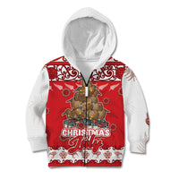 Personalised New Zealand Christmas In July Kid Hoodie Maori Kiwi Xmas Tree - Red LT05 Zip Hoodie Red - Polynesian Pride