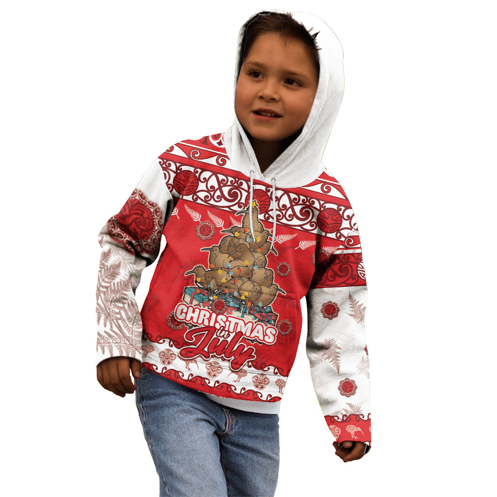 Personalised New Zealand Christmas In July Kid Hoodie Maori Kiwi Xmas Tree - Red LT05 - Polynesian Pride