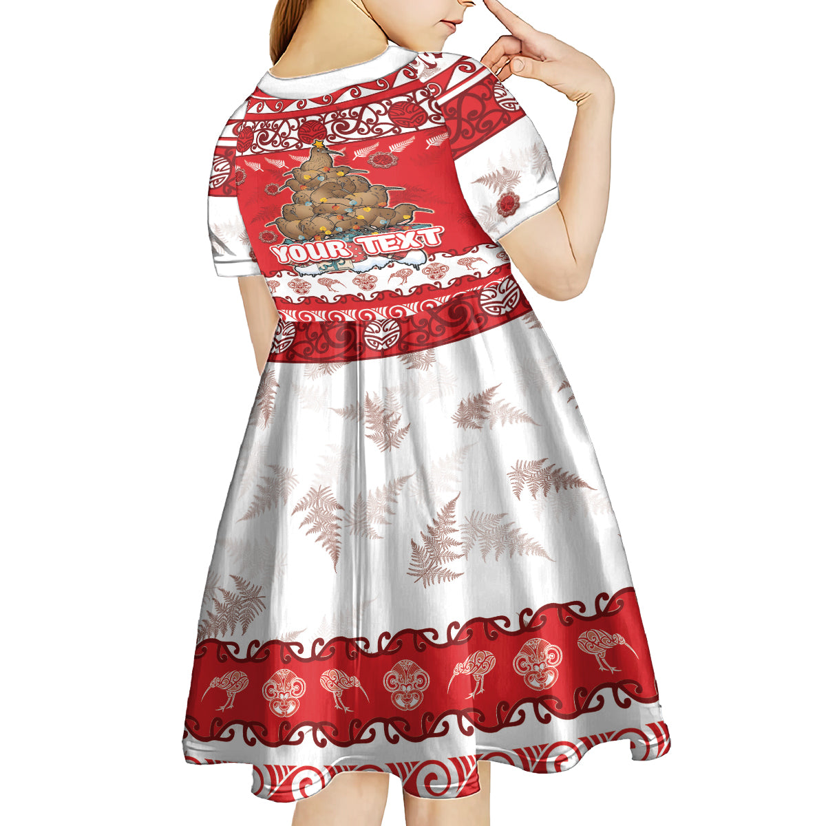 Personalised New Zealand Christmas In July Kid Short Sleeve Dress Maori Kiwi Xmas Tree - Red LT05 - Polynesian Pride