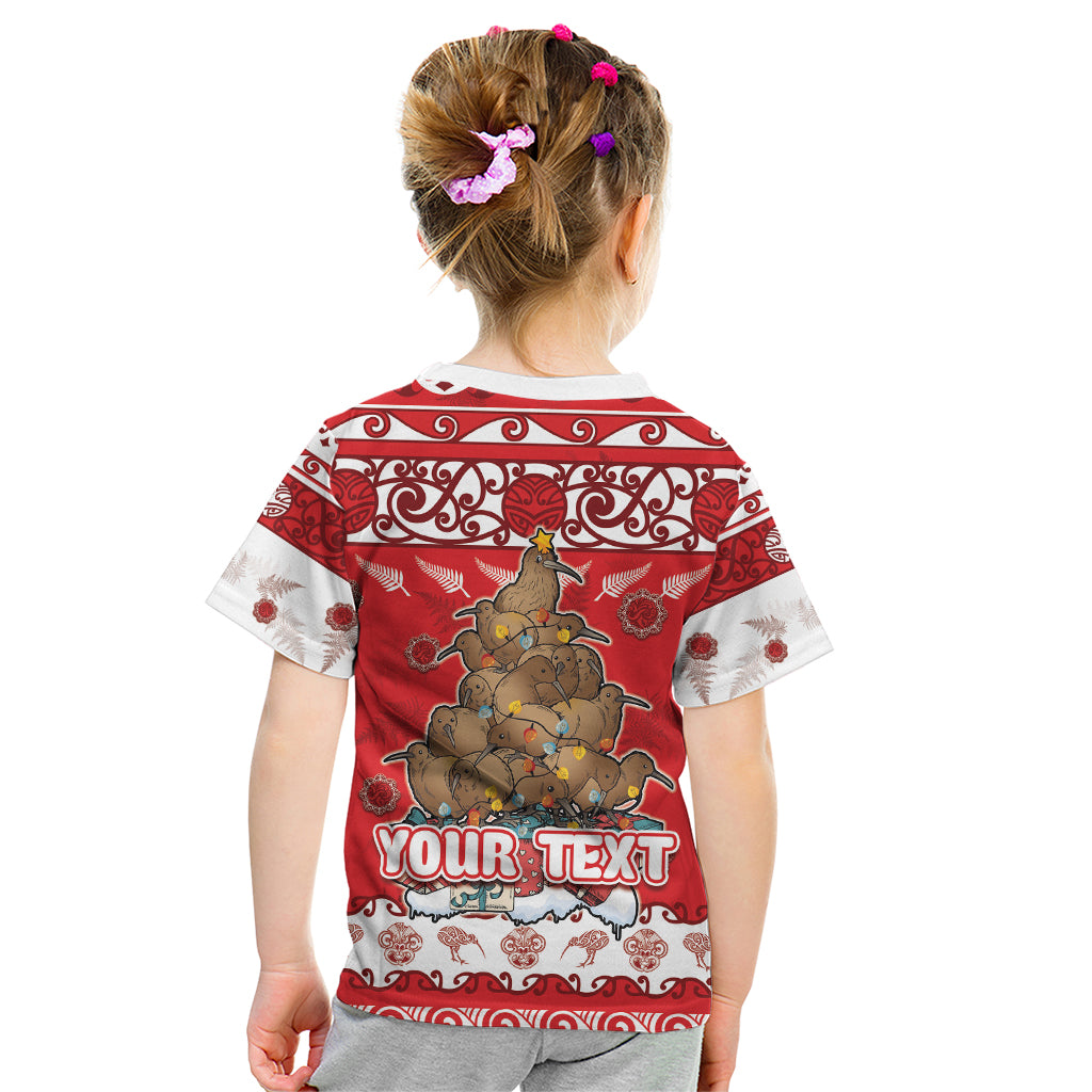 Personalised New Zealand Christmas In July Kid T Shirt Maori Kiwi Xmas Tree - Red LT05 - Polynesian Pride