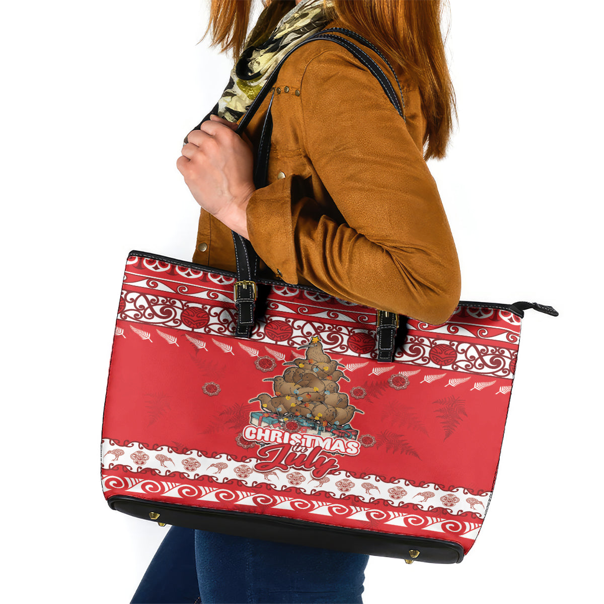 New Zealand Christmas In July Leather Tote Bag Maori Kiwi Xmas Tree - Red LT05 Red - Polynesian Pride