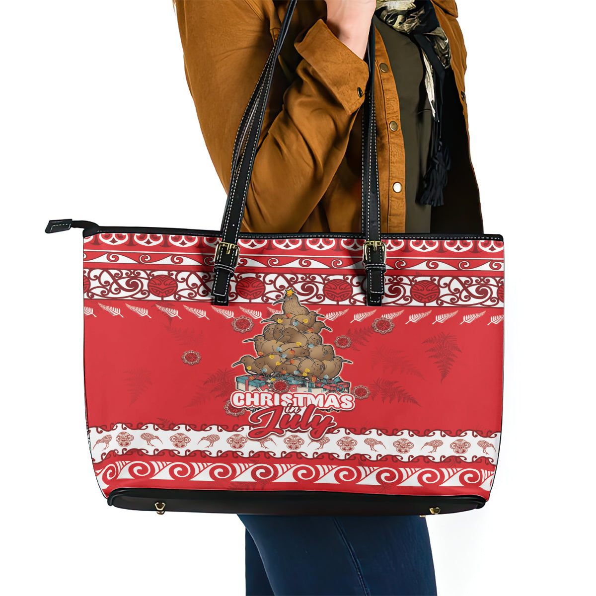 New Zealand Christmas In July Leather Tote Bag Maori Kiwi Xmas Tree - Red LT05 - Polynesian Pride