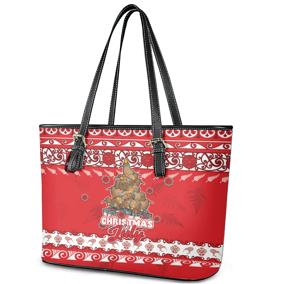 New Zealand Christmas In July Leather Tote Bag Maori Kiwi Xmas Tree - Red LT05 - Polynesian Pride