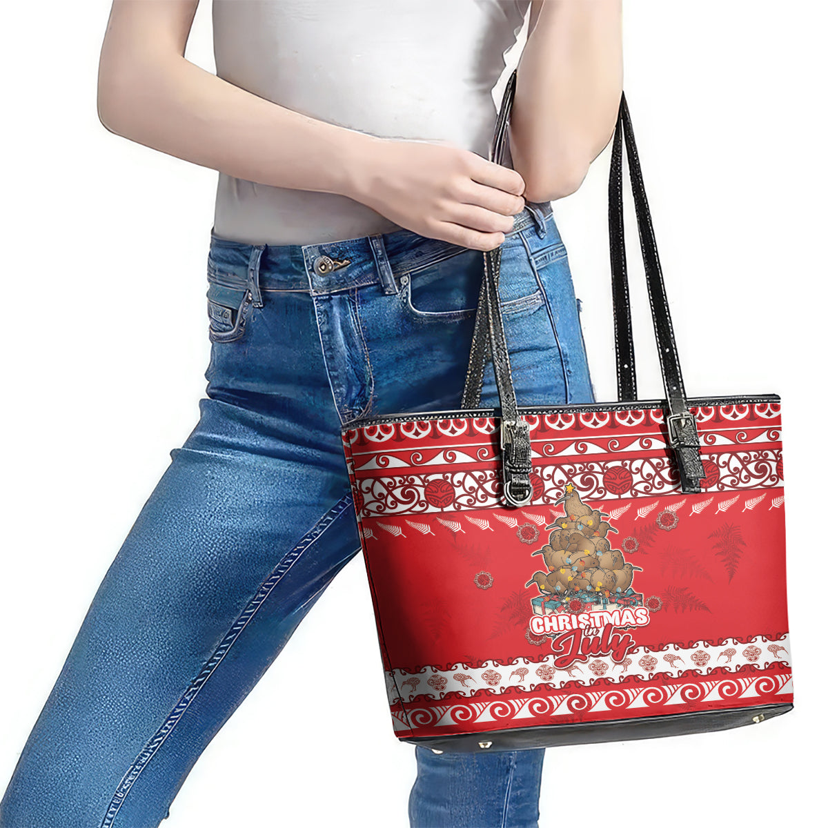 New Zealand Christmas In July Leather Tote Bag Maori Kiwi Xmas Tree - Red LT05 - Polynesian Pride