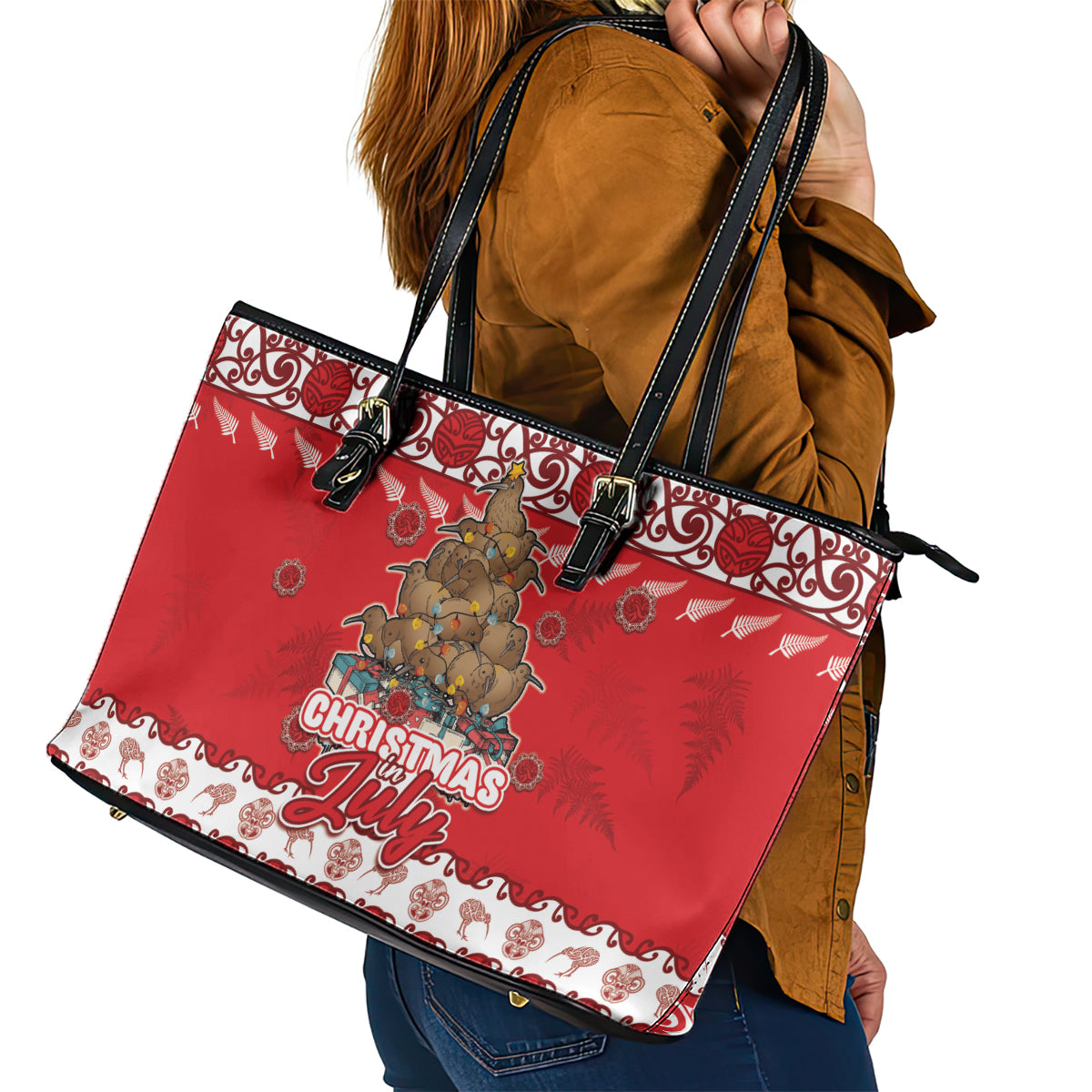 New Zealand Christmas In July Leather Tote Bag Maori Kiwi Xmas Tree - Red LT05 - Polynesian Pride