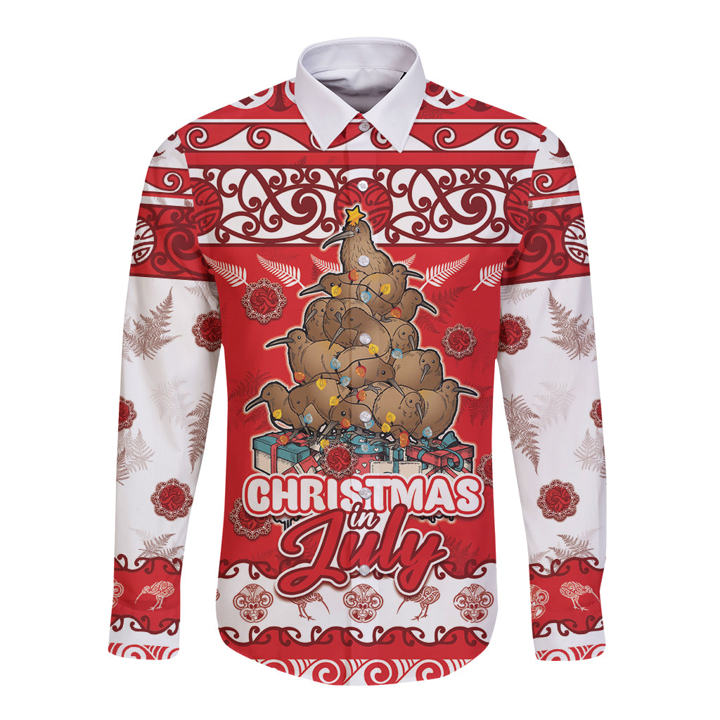 Personalised New Zealand Christmas In July Long Sleeve Button Shirt Maori Kiwi Xmas Tree - Red LT05 Unisex Red - Polynesian Pride