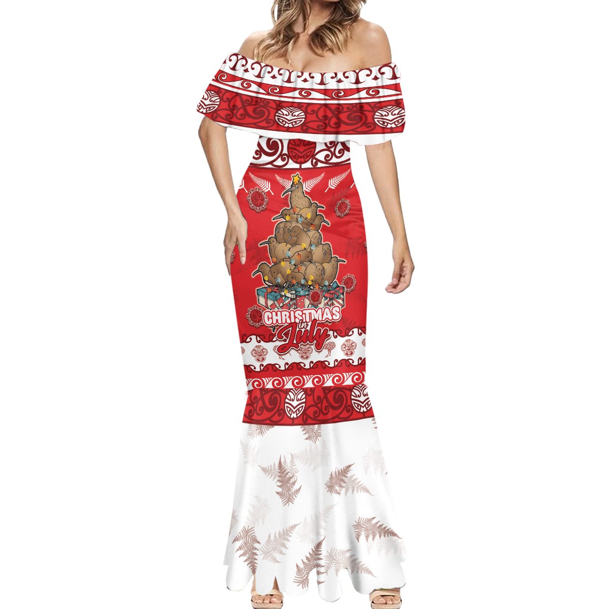 Personalised New Zealand Christmas In July Mermaid Dress Maori Kiwi Xmas Tree - Red LT05 - Polynesian Pride