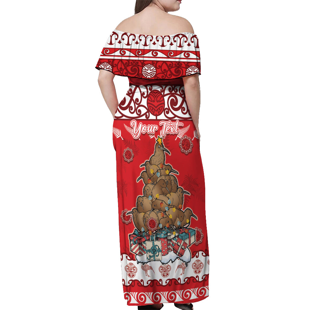 Personalised New Zealand Christmas In July Off Shoulder Maxi Dress Maori Kiwi Xmas Tree - Red LT05 - Polynesian Pride
