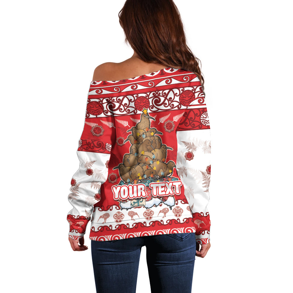 Personalised New Zealand Christmas In July Off Shoulder Sweater Maori Kiwi Xmas Tree - Red LT05 - Polynesian Pride