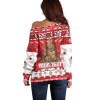 Personalised New Zealand Christmas In July Off Shoulder Sweater Maori Kiwi Xmas Tree - Red LT05 - Polynesian Pride