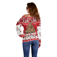 Personalised New Zealand Christmas In July Off Shoulder Sweater Maori Kiwi Xmas Tree - Red LT05 - Polynesian Pride