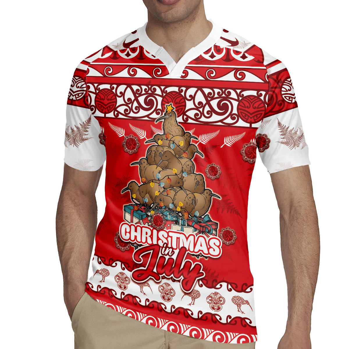 Personalised New Zealand Christmas In July Rugby Jersey Maori Kiwi Xmas Tree - Red LT05 - Polynesian Pride