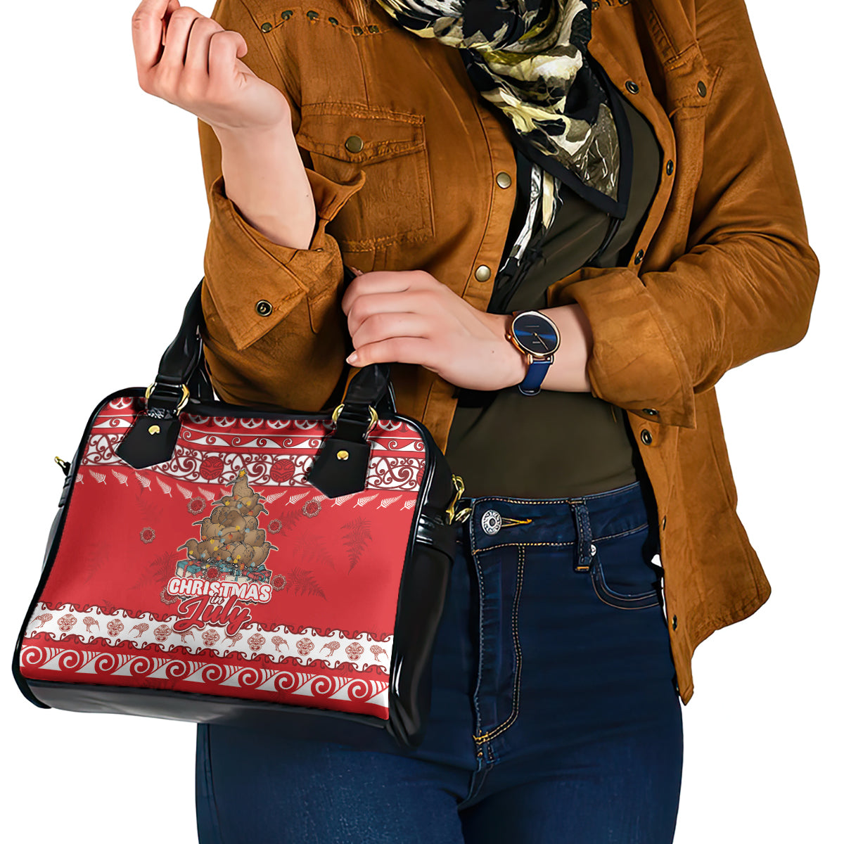 New Zealand Christmas In July Shoulder Handbag Maori Kiwi Xmas Tree - Red