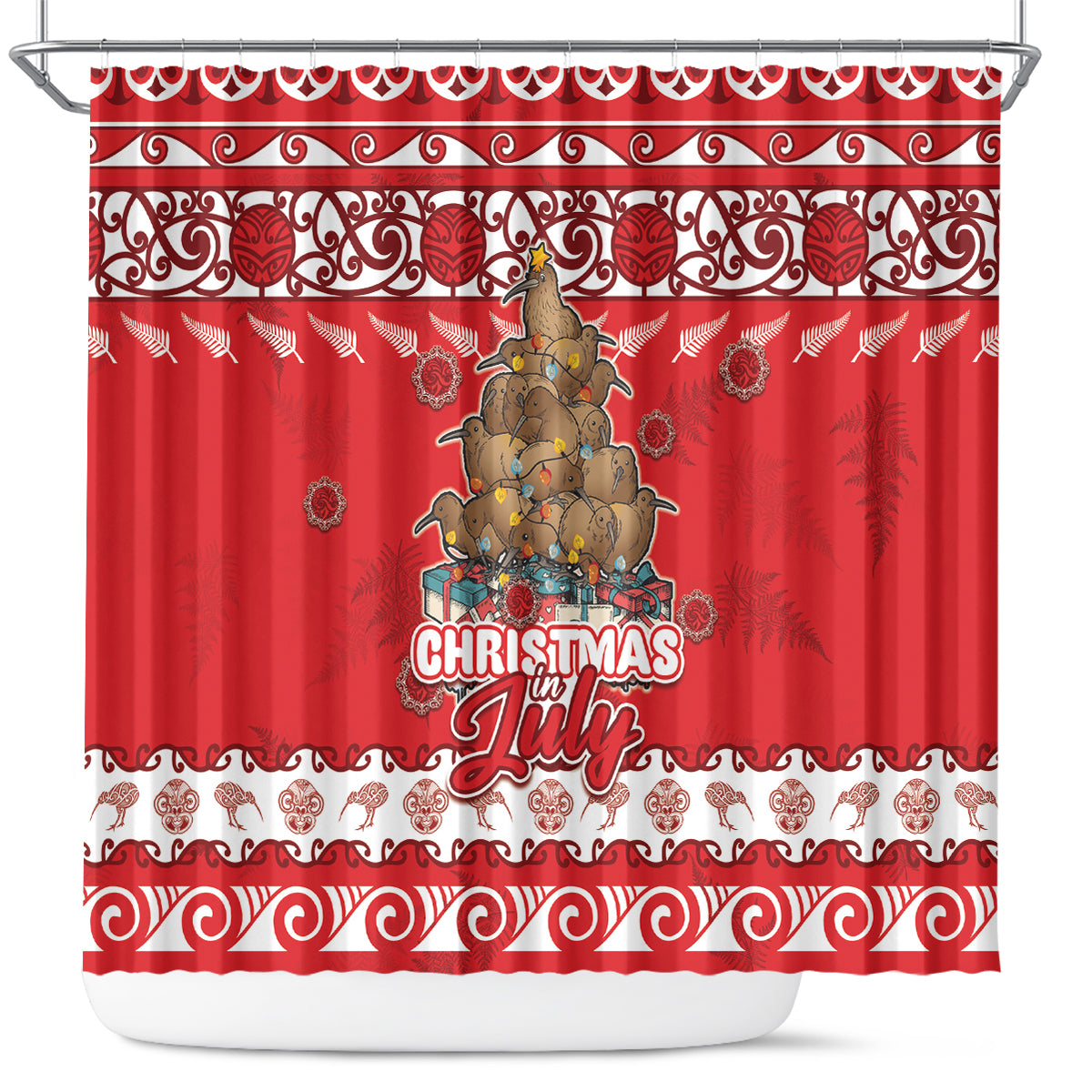 New Zealand Christmas In July Shower Curtain Maori Kiwi Xmas Tree - Red LT05 Red - Polynesian Pride