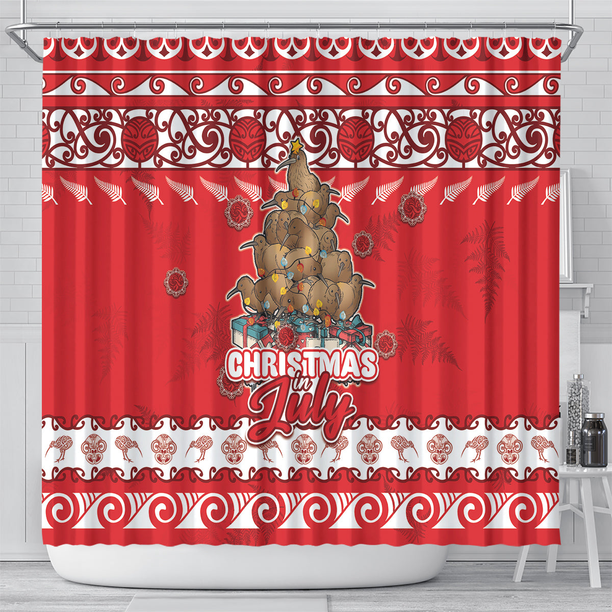 New Zealand Christmas In July Shower Curtain Maori Kiwi Xmas Tree - Red LT05 - Polynesian Pride