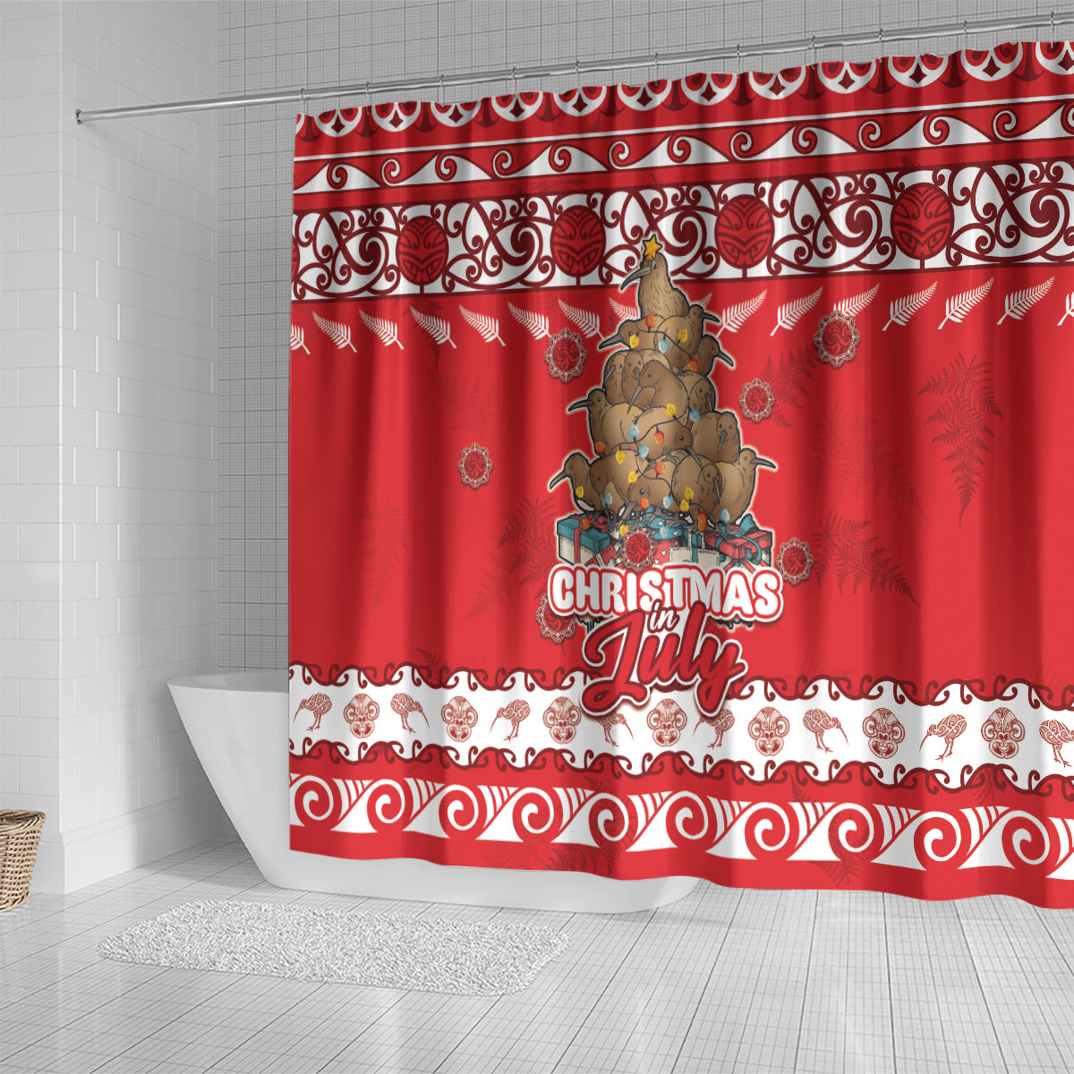 New Zealand Christmas In July Shower Curtain Maori Kiwi Xmas Tree - Red LT05 - Polynesian Pride