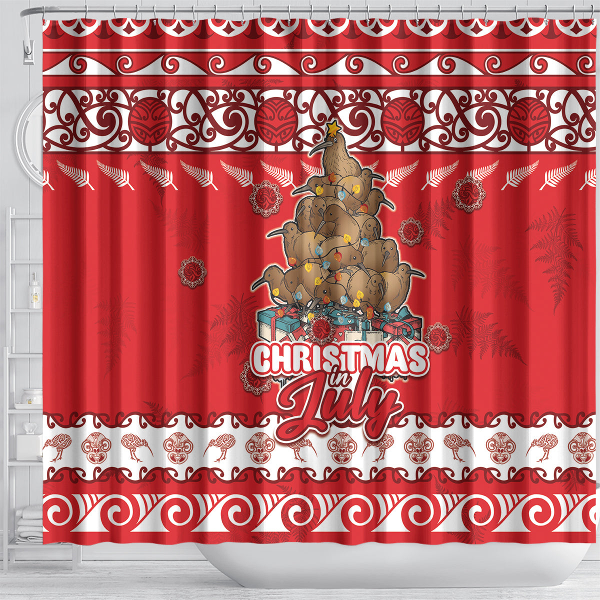 New Zealand Christmas In July Shower Curtain Maori Kiwi Xmas Tree - Red LT05 - Polynesian Pride